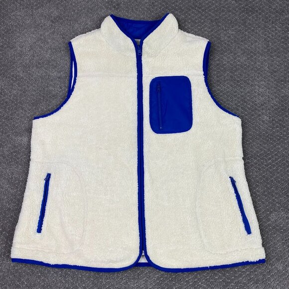 Talbots Fleece Vest Women's 1X White Blue Deep Pile Sherpa Full Zip - Picture 1 of 10